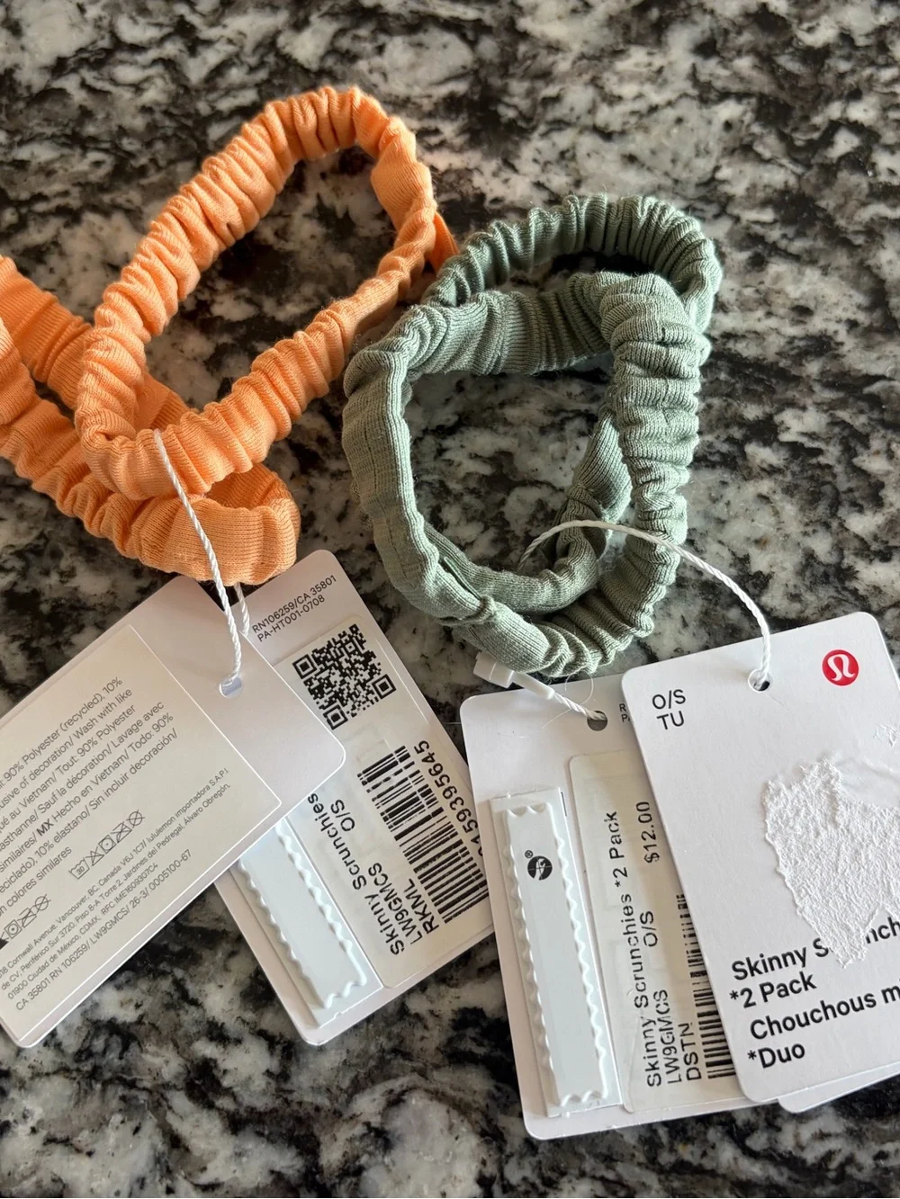 lululemon athletica Skinny Scrunchies 2, 2-Packs- Peach & Sage Green nwt